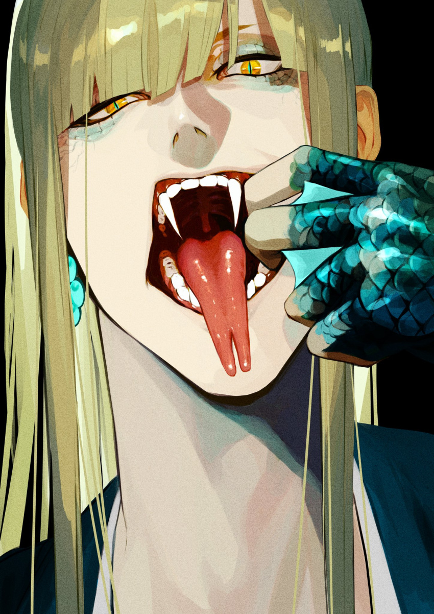 1boy ajuji_aju bangs black_background bleach blonde_hair blunt_bangs earrings fangs finger_in_own_mouth forked_tongue hand_up highres hirako_shinji japanese_clothes jewelry long_hair looking_at_viewer male_focus mouth_pull open_mouth portrait scales simple_background solo straight_hair tongue tongue_out uneven_eyes webbed_hands yellow_eyes