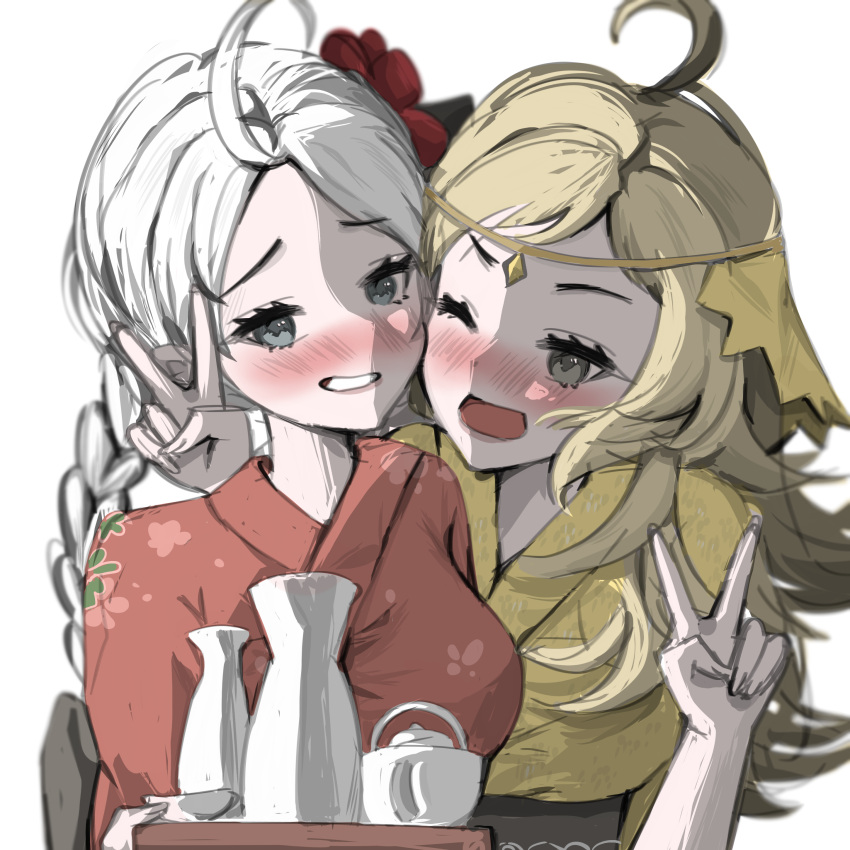 2girls absurdres ahoge bangs blonde_hair bottle braid breasts commission commissioner_upload drunk fire_emblem fire_emblem_fates flower grey_eyes hair_flower hair_ornament highres japanese_clothes kimono long_hair mariirasuto7 md5_mismatch medium_breasts multiple_girls nina_(fire_emblem) official_alternate_costume open_mouth ophelia_(fire_emblem) resolution_mismatch sake_bottle smile source_smaller teeth tray twin_braids upper_body v white_hair yukata