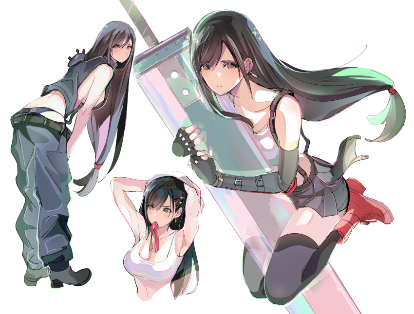 1girl armor arms_up belt black_hair black_pants black_shirt black_skirt boots bracer breasts buster_sword cloud_strife crop_top elbow_gloves final_fantasy final_fantasy_vii final_fantasy_vii_remake fingerless_gloves from_side full_body gloves highres large_breasts leaning_forward long_hair looking_at_viewer looking_to_the_side low-tied_long_hair miniskirt mouth_hold pants pleated_skirt red_footwear ribbon ribbon_in_mouth shirt shoji_sakura shoulder_armor skirt sleeveless sleeveless_shirt suspender_skirt suspenders tank_top tifa_lockhart white_tank_top