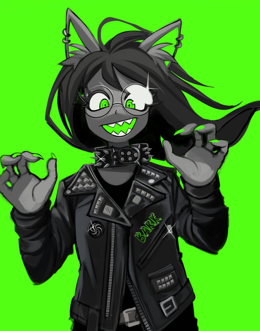 1girl animal_ear_fluff animal_ears black_hair collar colored_skin dog_ears earrings eyelashes fingernails glasses green_background green_eyes grey_skin highres homestuck jacket jade_harley jewelry leather leather_jacket long_hair open_mouth sharp_fingernails sharp_teeth spiked_collar spikes studded_jacket tealidium teeth