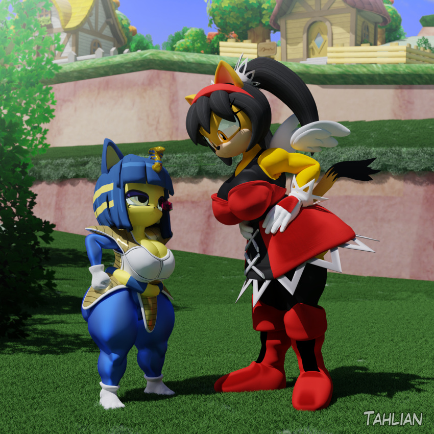 2020 3d_(artwork) accessory animal_crossing ankha_(animal_crossing) anthro artist_name battle_armor big_breasts black_hair blender_(software) blue_hair boots breasts cleavage clothed clothing curvaceous curvy_figure detailed_background digital_media_(artwork) domestic_cat dragon_ball dragon_ball_z dress duo eyelashes eyeshadow felid feline felis female fingers footwear fully_clothed fur gloves hair hands_on_hips handwear headband hi_res honey_the_cat hourglass_figure long_tail makeup mammal multicolored_body multicolored_fur nintendo orange_eyes outside ponytail scouter sega short_stack shoulder_pads simple_eyes size_difference sonic_the_fighters sonic_the_hedgehog_(series) spandex standing stare tahlian tan_body tan_fur thick_thighs tight_clothing two_tone_body two_tone_fur video_games voluptuous watermark wide_hips yellow_body yellow_fur
