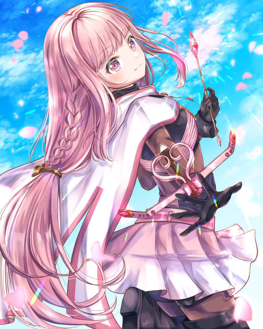 1girl absurdres bangs belt black_gloves black_shirt black_shorts black_thigh_boots blunt_bangs blush bodystocking boots braid cherry_blossoms cloak crop_top crossbow crossbow_bolts day gem gloves hairband highres hood hood_up hooded_cloak long_hair low-tied_long_hair magia_record:_mahou_shoujo_madoka_magica_gaiden mahou_shoujo_madoka_magica pink_eyes pink_hair pink_skirt pleated_skirt shirt shorts shorts_under_skirt sidelocks skirt smile solo tamaki_iroha thigh_boots ukiukikiwi2525 very_long_hair white_cloak