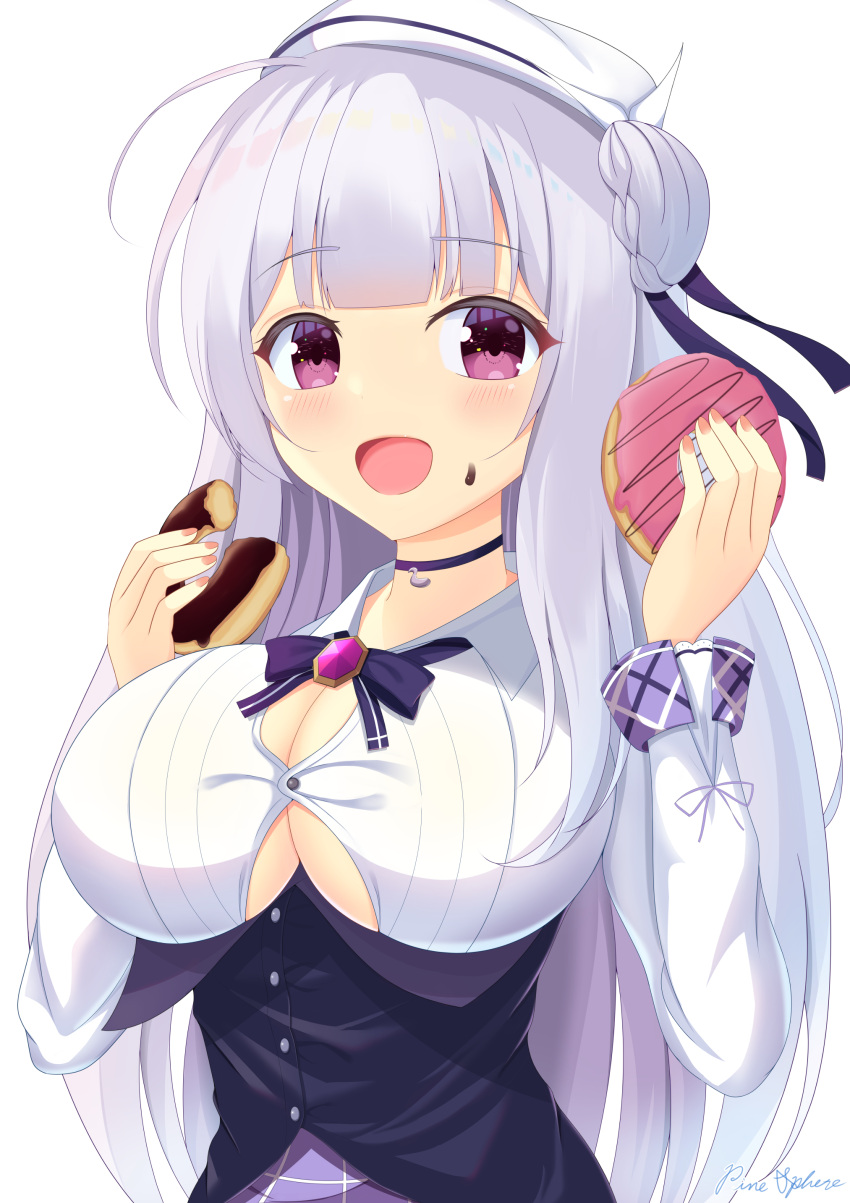 1girl absurdres azur_lane black_choker braid braided_bun breasts bursting_breasts button_gap choker cleavage collared_shirt cygnet_(azur_lane) doughnut eyebrows_visible_through_hair food hair_bun highres holding holding_food large_breasts light_purple_hair long_hair looking_at_viewer oppai_loli pinesphere plaid plaid_skirt purple_eyes purple_skirt retrofit_(azur_lane) shirt simple_background skirt solo taut_clothes taut_shirt underbust undersized_clothes upper_body white_background white_headwear white_shirt