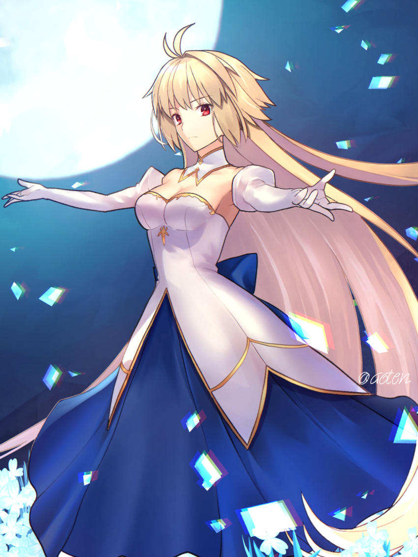 1girl antenna_hair aoten_(aoiroarekore) arcueid_brunestud bangs bare_shoulders blonde_hair blue_skirt breasts cleavage closed_mouth detached_sleeves dress elbow_gloves eyebrows_visible_through_hair flower full_moon gloves highres long_hair looking_at_viewer medium_breasts moon red_eyes serious skirt solo tsukihime tsukihime_(remake) white_dress white_gloves