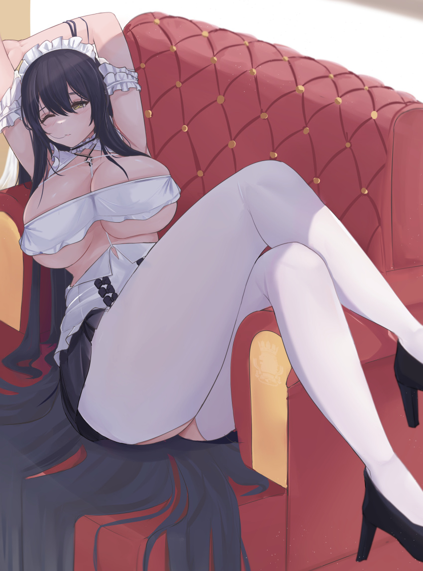1girl absurdly_long_hair absurdres arm_garter arms_behind_head ass_cutout azur_lane black_footwear black_hair breasts choker clothing_cutout couch english_commentary frilled_choker frills full_body high_heels highres huge_breasts indomitable_(azur_lane) indomitable_(ms._motivationless_maid)_(azur_lane) indoors kurarashi long_hair maid maid_headdress official_alternate_costume on_couch one_eye_closed pantyhose shoes solo very_long_hair white_legwear yellow_eyes