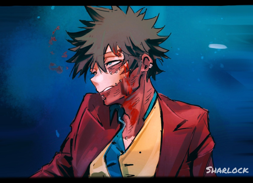 artist_name black_hair blood blood_on_face blue_eyes boku_no_hero_academia burn_scar cheek_piercing clown cosplay dabi_(boku_no_hero_academia) dc_comics formal highres joker_(2019) joker_(dc) joker_(dc)_(cosplay) messy_hair multiple_scars orange_vest piercing red_suit scar scar_on_neck sharl0ck staple stapled suit vest