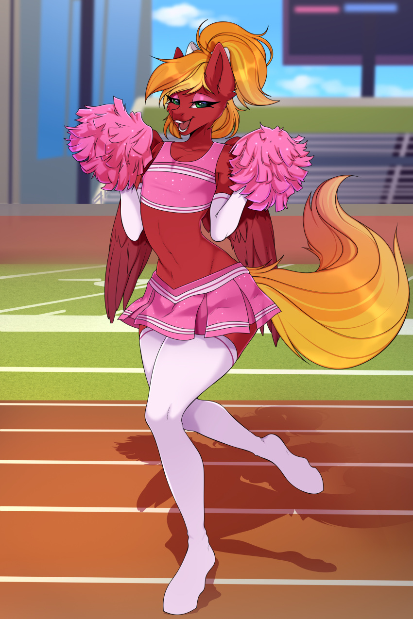 absurd_res anthro bottomwear cheerleader clothing equid equine feathers hair hasbro hi_res kuroran mammal miniskirt my_little_pony orange_hair pegasus pom_poms red_body red_feathers skirt solo wings