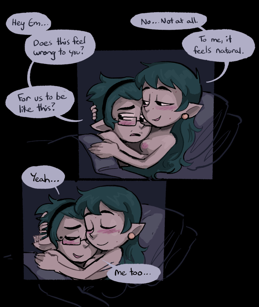2022 accessory bed blush breasts brother brother_and_sister disney duo ear_piercing edric_blight embrace emira_blight english_text eyes_closed female furniture green_hair hair hair_accessory hairband hi_res humanoid humanoid_pointy_ears incest_(lore) male male/female nipples not_furry on_bed piercing politepuppet romantic romantic_couple sibling sister teenager text the_owl_house twincest twins under_covers witch_(the_owl_house) young