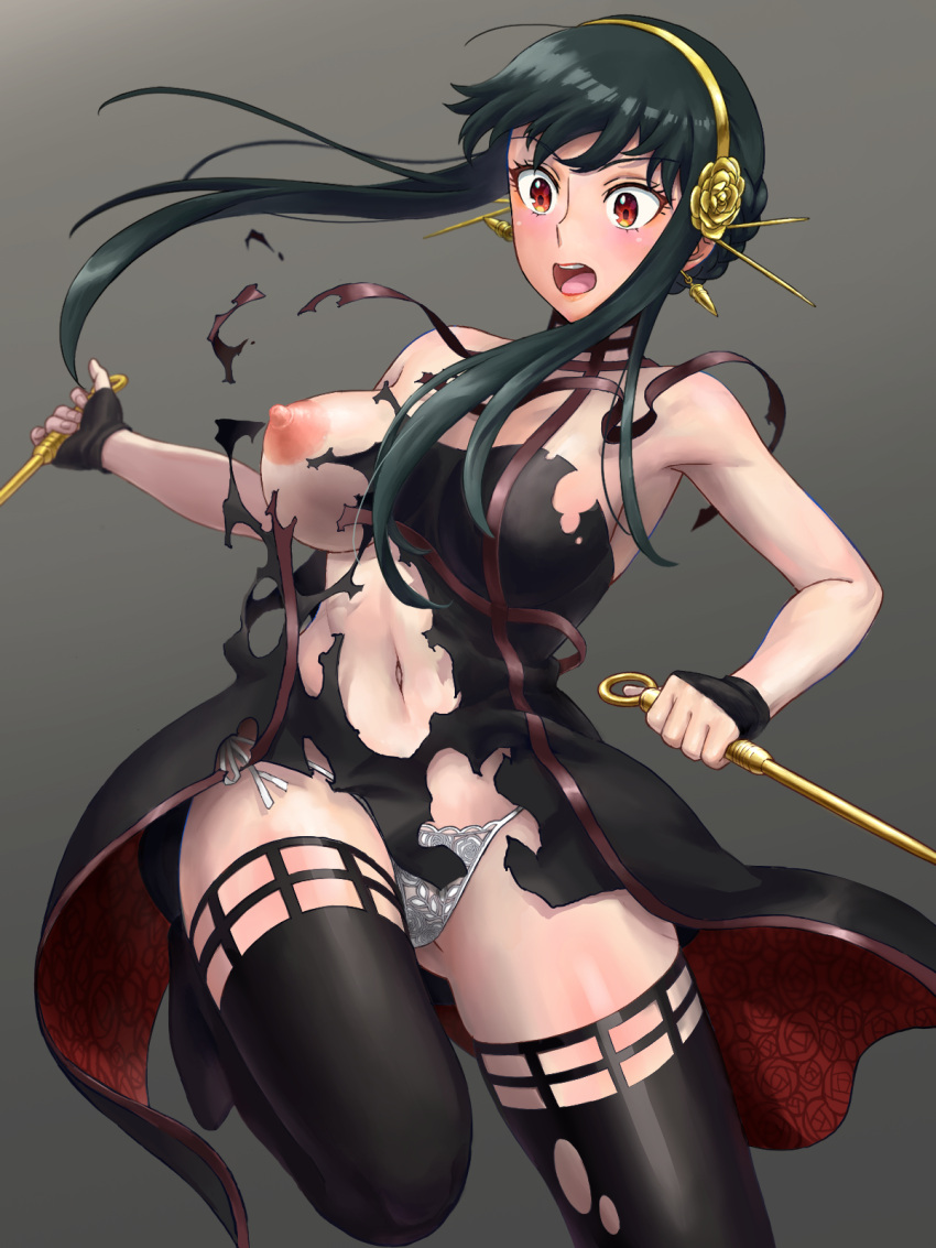 1girl 2sen4hyaku ass_visible_through_thighs bangs bare_shoulders black_dress black_footwear black_gloves black_hair black_legwear blush boots breasts commentary_request dagger dress dual_wielding earrings fingerless_gloves floral_print flower gloves gold_earrings gold_hairband golden_rose grey_background hair_flower hair_ornament highres holding holding_dagger holding_weapon jewelry knife lace lace_panties large_breasts lingerie lipstick makeup navel nipples off-shoulder_dress off_shoulder one_breast_out open_mouth panties red_dress red_eyes red_lips round_teeth short_hair_with_long_locks side-tie_panties sidelocks simple_background solo spy_x_family standing standing_on_one_leg surprised teeth thigh_boots thighs tongue torn_clothes torn_dress torn_legwear two-sided_dress two-sided_fabric underwear upper_teeth weapon white_panties wide-eyed yor_briar