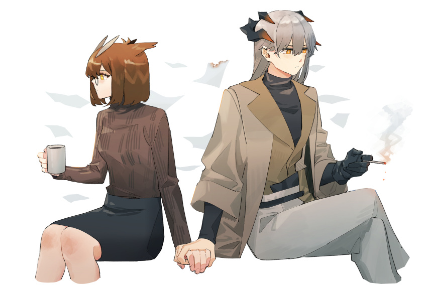 2girls arknights black_gloves black_shirt black_skirt brown_hair brown_jacket brown_sweater cigarette coffee_mug commentary cropped_legs crossed_legs cup dragon_horns dress_jacket feather_hair glasses gloves grey_hair grey_pants highres holding holding_cigarette holding_cup holding_hands horns invisible_chair jacket long_hair long_sleeves mug multiple_girls owl_ears pants saria_(arknights) shirt short_hair silence_(arknights) simple_background single_glove sitting skirt sweater symbol-only_commentary white_background yellow_eyes yuri zy_(zyyyyyyy9)