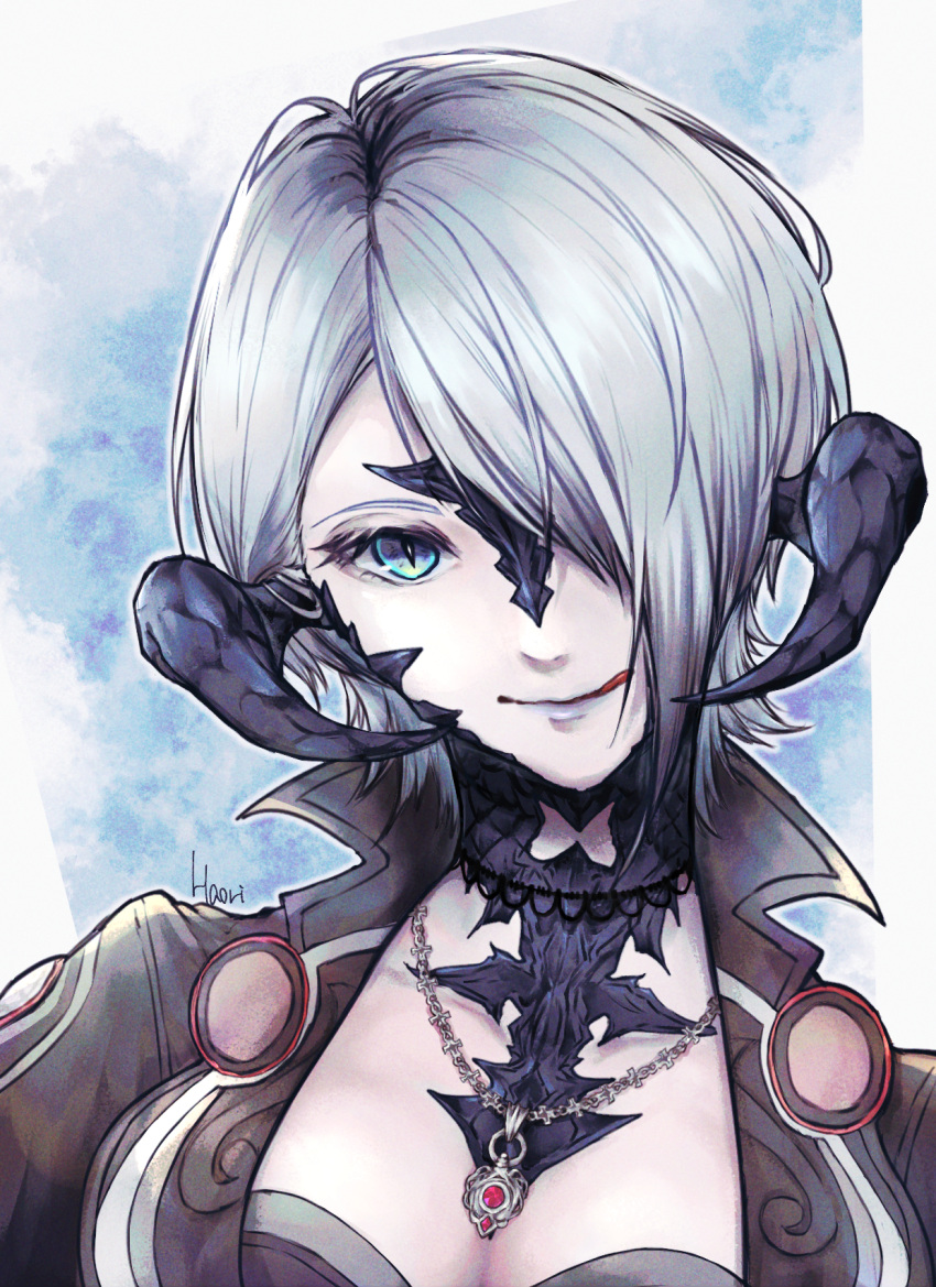 1girl au_ra avatar_(ff14) bangs black_collar blue_background blue_eyes breasts cleavage collar curled_horns dragon_horns final_fantasy final_fantasy_xiv grey_hair grey_lips hair_over_one_eye highres horns iori_haori jewelry lace_collar licking_lips looking_at_viewer necklace one_eye_covered portrait scales short_hair slit_pupils solo swept_bangs tongue tongue_out
