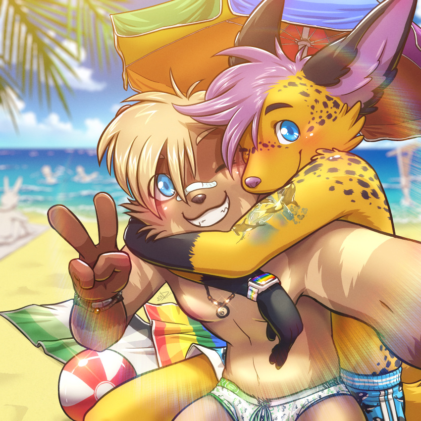 1:1 alby anthro apple_inc. apple_watch arm_tattoo avery_(endcoon) ball bandage beach beach_ball beach_towel blonde_hair blue_eyes blue_sky blush brown_body brown_fur canid canine cetacean character_in_background clock clothing cloud delphinoid duo embrace endcoon fennec fox freckles fur fur_markings fur_tuft gesture hair hi_res hug hugging_from_behind inflatable inner_ear_fluff jewelry lens_flare light male male/male mammal marine markings multicolored_body multicolored_clothing multicolored_ears multicolored_fur multicolored_underwear necklace oceanic_dolphin one_eye_closed orca palm_tree plant procyonid purple_hair raccoon rainbow_pride_colors romantic romantic_couple seaside selfie shirtless shirtless_male sky smile smiling_at_viewer smirk speedo spots spotted_body sunlight swimming_trunks swimwear tattoo toothed_whale towel tree tuft umbrella underwear v_sign watch water wink yellow_body yellow_fur yin_yang