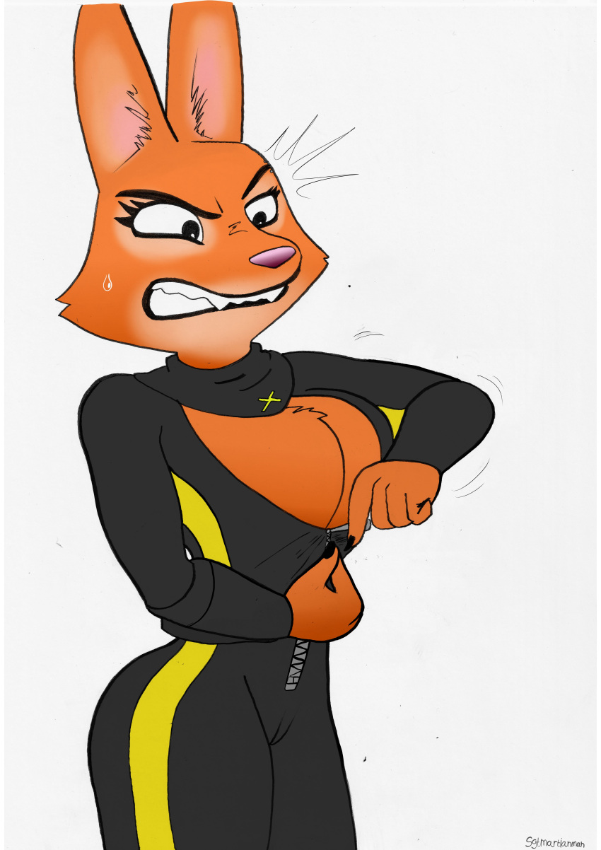 absurd_res angry anthro big_breasts bodily_fluids breasts camel_toe canid canine clothing diane_foxington dreamworks female fox hi_res mammal rubber rubber_clothing rubber_suit sgtmartianman solo sweat the_bad_guys tight_clothing wardrobe_malfunction