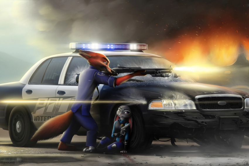 3_toes 4_fingers askalin blood bodily_fluids bullet_casing canid canine claws disney feet finger_claws fingers ford ford_crown_victoria fox gun handgun hi_res judy_hopps lagomorph leporid mammal nick_wilde pistol rabbit ranged_weapon shotgun toe_claws toes weapon zootopia