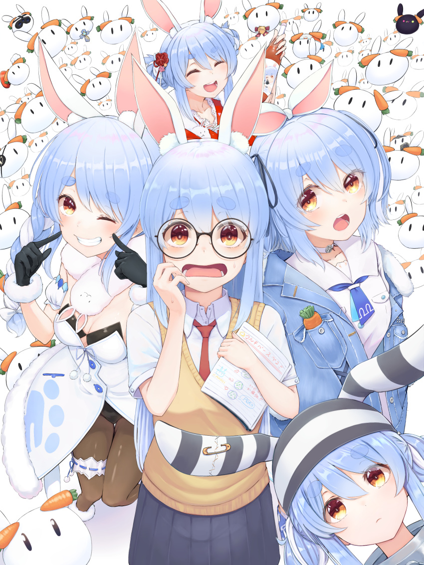 absurdres animal_ears black_gloves blue_hair blue_jacket braid breasts bunny-shaped_pupils carrot_hair_ornament cleavage closed_eyes detached_sleeves don-chan_(usada_pekora) double_bun dress eyebrows_visible_through_hair food-themed_hair_ornament fur-trimmed_gloves fur_trim furisode glasses gloves grin hair_bun hair_ornament highres hololive izu_(tea_value_lord) jacket japanese_clothes kimono legband multiple_persona necktie nousagi_(usada_pekora) one_eye_closed open_mouth orange_eyes pantyhose pointing pointing_at_self prison_clothes rabbit_ears rabbit_girl red_necktie safety_pin sailor_dress school_uniform small_breasts smile sweat sweater_vest symbol-shaped_pupils thick_eyebrows twin_braids two_side_up usada_pekora white_hair