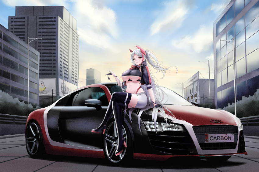 1girl absurdres audi audi_r8 azur_lane black_footwear black_legwear boots breasts car car_keys cityscape commentary cropped_jacket full_body gloves grey_hair ground_vehicle headset high_heel_boots high_heels highres kcar66t large_breasts long_hair motor_vehicle need_for_speed need_for_speed:_carbon official_alternate_costume prinz_eugen_(azur_lane) prinz_eugen_(final_lap)_(azur_lane) product_placement race_queen revision sitting sitting_on_car skirt thigh_boots thighhighs thighs two_side_up underboob vehicle_focus