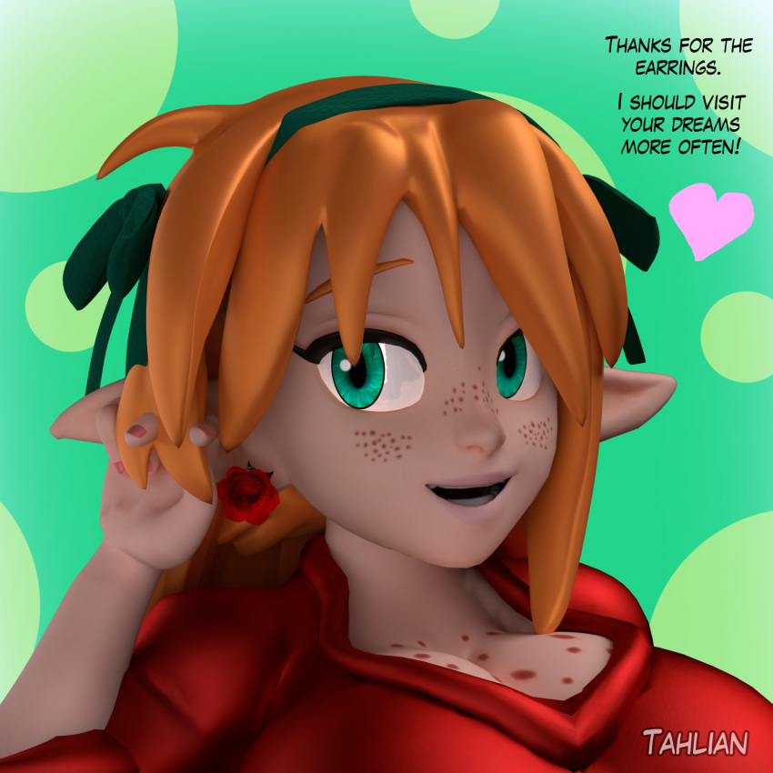 2020 3d_(artwork) accessory big_breasts blender_(software) breasts cleavage clothed clothing detailed_background dialogue digital_media_(artwork) ear_piercing ear_ring elf english_text eyelashes felicia_(tahlian) female fingers flower freckles freckles_on_breasts hair hair_accessory hair_bow hair_ribbon hi_res huge_breasts humanoid humanoid_pointy_ears light-skinned_female light_body light_skin long_hair mammal not_furry orange_hair piercing plant ribbons rose_(flower) solo tahlian teal_eyes text