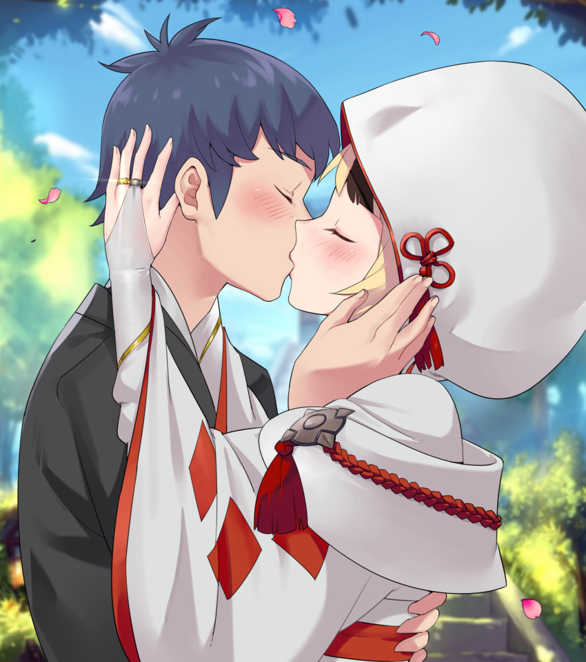 1boy 1girl absurdres black_kimono blonde_hair blue_hair blush brown_hair closed_eyes commission commissioner_upload couple face-to-face fire_emblem fire_emblem_fates from_side hetero highres igni_tion japanese_clothes jewelry kimono kiss multicolored_hair outdoors petals ring sky uchikake wedding wedding_ring