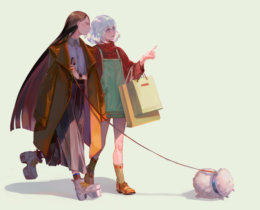 2others absurdres alternate_costume androgynous animal bag black_hair black_legwear black_pants blunt_ends bob_cut bort brown_coat carrying carrying_bag coat coat_on_shoulders collared_shirt colored_inner_hair contemporary cowboy_shot crystal_hair diamond_(houseki_no_kuni) dog dog_walking dress_shirt eyebrows_visible_through_hair flower full_body hand_up high-waist_pants highres holding holding_leash houseki_no_kuni leash long_hair long_sleeves looking_afar multicolored_hair multiple_others orange_flower overall_skirt pants paper_bag platform_footwear pointing red_sweater shiny shiro_(houseki_no_kuni) shirt shoes shopping_bag short_hair simple_background smile socks straight_hair sweater taro-k tsurime turtleneck turtleneck_sweater very_long_hair walking watch white_hair wristwatch