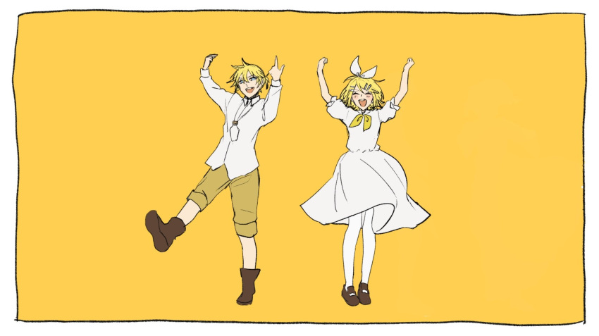 :d arms_up blonde_hair bow evillious_nendaiki gretel_(evillious_nendaiki) hair_bow hansel_(evillious_nendaiki) highres kagamine_len kagamine_rin short_hair short_sleeves siblings sleeves_rolled_up smile twins vocaloid warabi_(danngo-mitarasi) yellow_background