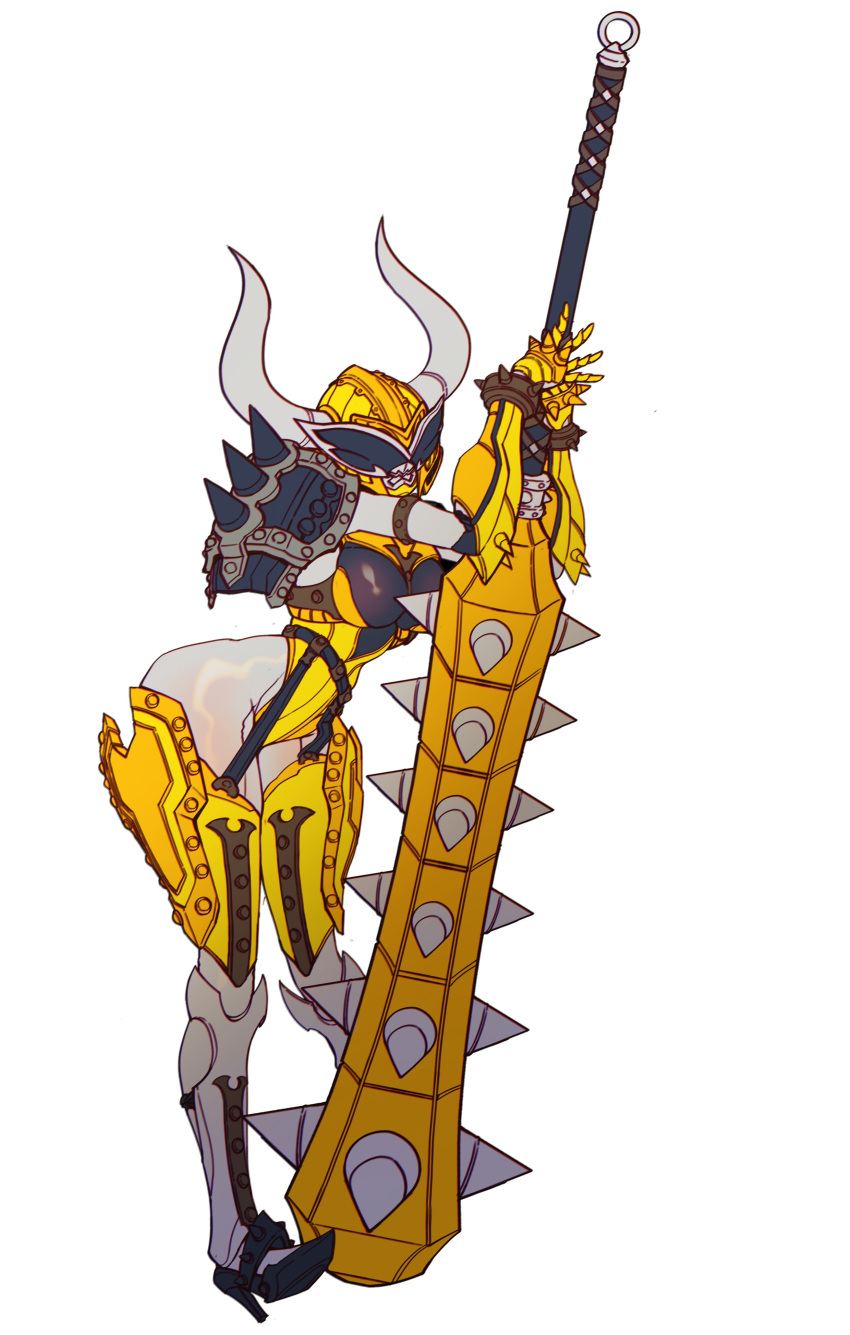 1girl absurdres armor armored_boots avataro_sentai_donbrothers bodystocking bodysuit boots breasts catball1994 club_(weapon) demon_girl full_body garter_belt high_heel_boots high_heels highres horns jacket large_breasts leaning_on_object leotard mecha_musume oni oni_horns oni_sister oni_sister_robotaro pantyhose shirt shorts shoulder_spikes spikes standing stylistic sunglasses super_sentai tokusatsu weapon white_background white_bodysuit yellow_eyes yellow_jacket yellow_leotard yellow_shirt