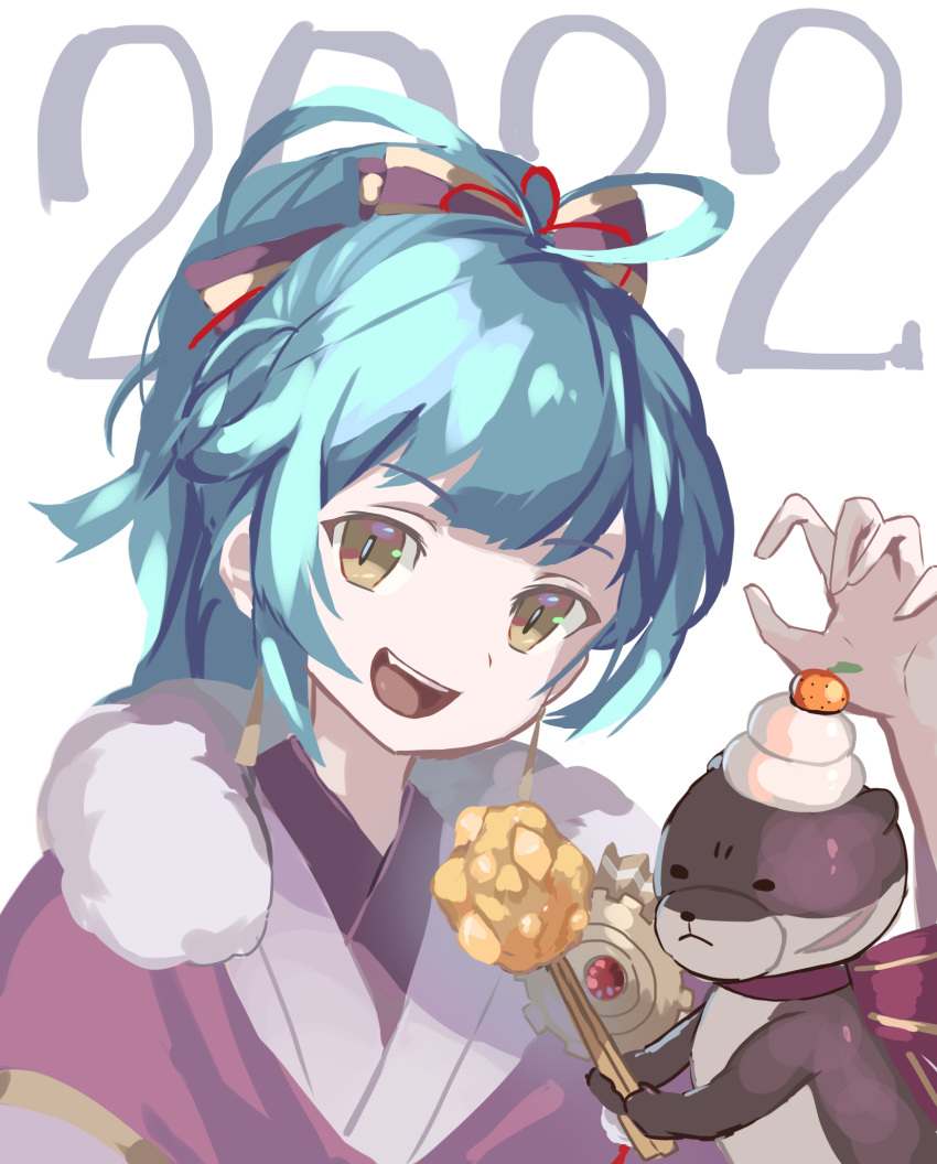 1girl 2022 :d bangs blue_hair earrings eyebrows_visible_through_hair fire_emblem fire_emblem_heroes highres japanese_clothes jewelry kagami_mochi kimono long_hair looking_at_viewer mochi mutomorokoshi official_alternate_costume open_mouth otter ponytail reginn_(fire_emblem) smile teeth upper_body upper_teeth yellow_eyes