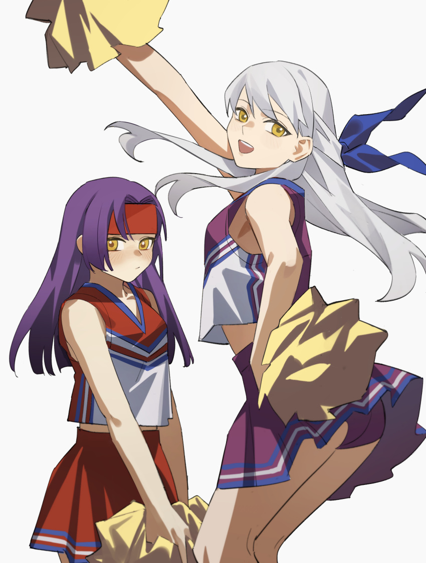 2girls :d absurdres adapted_costume alternate_costume arm_up ass bangs bare_shoulders blush buruma cheering cheerleader crop_top eyebrows_visible_through_hair fire_emblem fire_emblem:_radiant_dawn grey_hair hair_ribbon headband highres holding holding_pom_poms jewelry long_hair looking_at_viewer micaiah_(fire_emblem) midriff miniskirt multiple_girls open_mouth panties pantyshot pom_pom_(cheerleading) purple_hair purple_panties purple_skirt red_headband red_skirt ribbon sanaki_kirsch_altina shirt simple_background skirt sleeveless sleeveless_shirt smile underwear upskirt white_background yellow_eyes yuissad