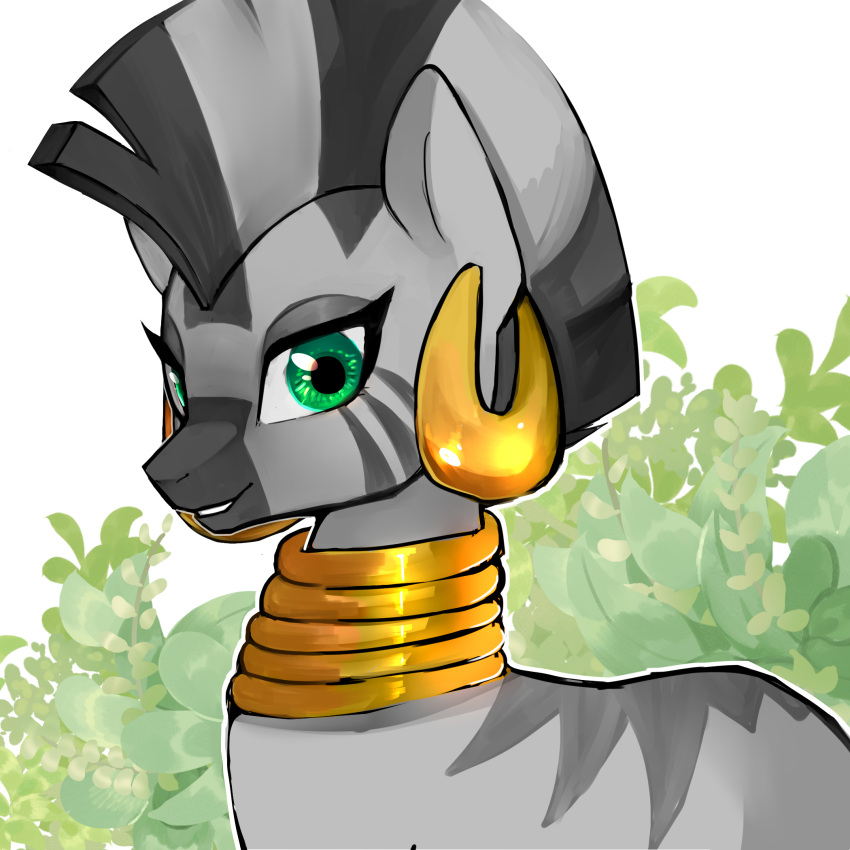 choco_hosikawa digital_media_(artwork) ear_piercing ear_ring equid equine female feral friendship_is_magic green_eyes grey_body grey_stripes half-closed_eyes hasbro hi_res jewelry looking_at_viewer mammal mohawk my_little_pony narrowed_eyes piercing smile solo stripes zebra zecora_(mlp)