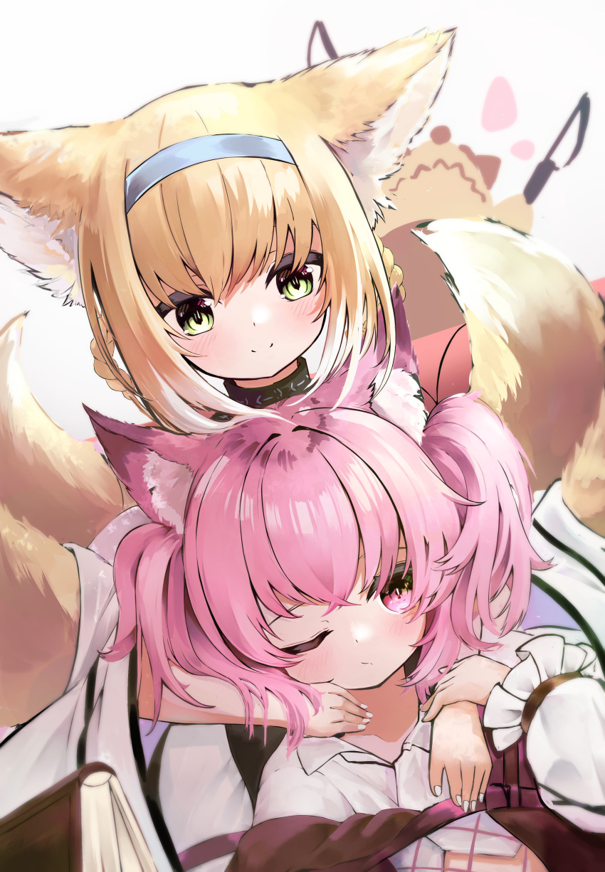 2girls absurdres animal_ears arknights bangs blue_hairband blush braid closed_mouth commentary_request dress eyebrows_visible_through_hair fox_ears fox_girl fox_tail green_eyes grey_background hair_between_eyes hair_rings hairband highres kitsune long_sleeves multiple_girls one_eye_closed pink_hair puffy_long_sleeves puffy_sleeves purple_eyes seijiikeuchi shamare_(arknights) smile suzuran_(arknights) tail twin_braids twintails white_dress