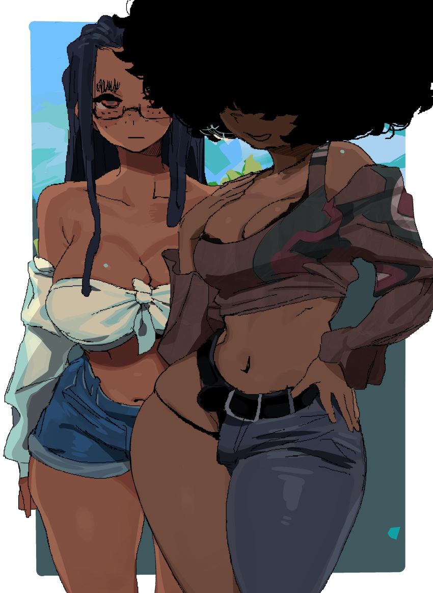 2girls absurdres afro asymmetrical_clothes bare_shoulders big_hair black-framed_eyewear black_hair border breasts brown_eyes cleavage collarbone covered_eyes crop_top curvy dark-skinned_female dark_skin denim denim_shorts detached_sleeves dreadlocks freckles front-tie_top gigi_(whoopsatro) glasses grey_hair hair_over_eyes hand_on_hip highres jeans large_breasts long_hair long_sleeves medium_breasts multiple_girls navel original outside_border pants photobomb semi-rimless_eyewear shorts single_pantsleg single_strap standing strapless symbol-only_commentary thighs under-rim_eyewear very_dark_skin viv_(whoopsatro) white_border whoopsatro wide_hips