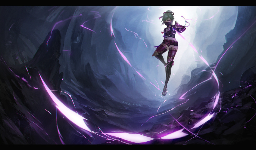 1girl anna_(drw01) armor bangs black_gloves commentary_request electricity fingerless_gloves genshin_impact gloves green_hair hair_between_eyes highres holding holding_rope japanese_armor japanese_clothes kuki_shinobu letterboxed mask mouth_mask ninja_mask purple_eyes purple_rope rock rope shorts solo twitter_username