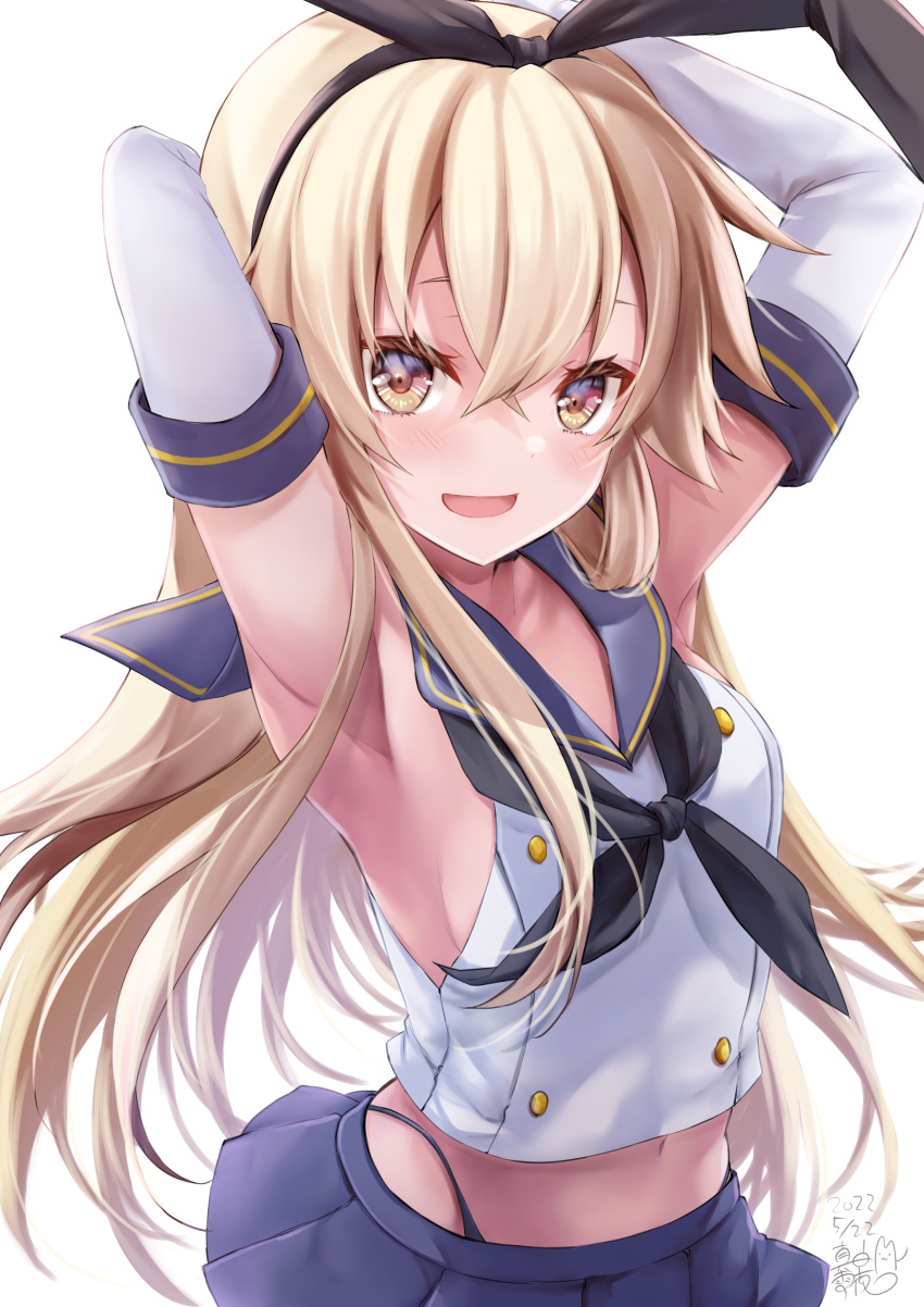 1girl absurdres armpits artist_name black_legwear black_neckerchief blonde_hair blue_sailor_collar blue_skirt blush commentary_request crop_top dated elbow_gloves gloves hair_between_eyes highleg highleg_panties highres kantai_collection long_hair mashiro_yukiya navel neckerchief one-hour_drawing_challenge open_mouth panties pleated_skirt sailor_collar shimakaze_(kancolle) signature simple_background skirt sleeveless smile solo underwear upper_body white_background white_gloves yellow_eyes