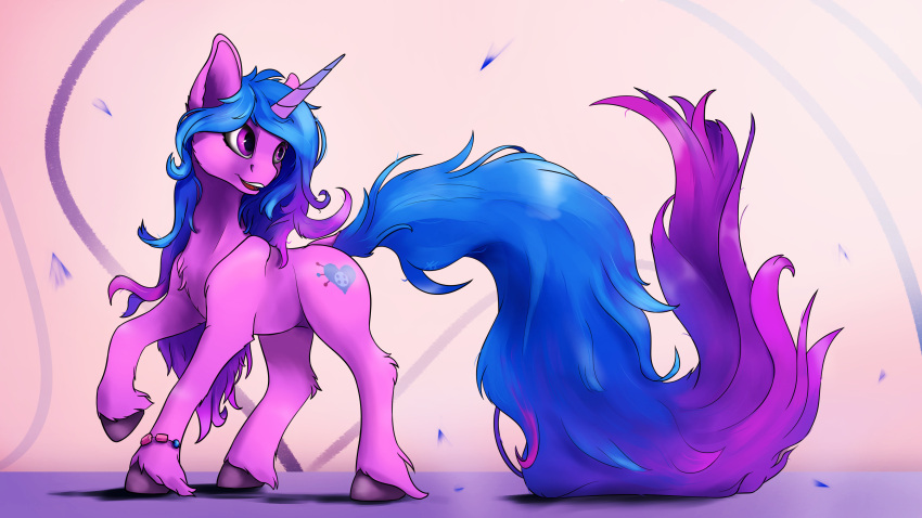 16:9 4k absurd_res blue_hair blue_tail bracelet cutie_mark digital_media_(artwork) dock equid equine female feral fetlocks hair hasbro hi_res hooves horn izzy_moonbow_(mlp) jewelry long_tail mammal mlp_g5 my_little_pony purple_body purple_eyes solo tenebrisnoctus tuft unicorn unicorn_horn widescreen