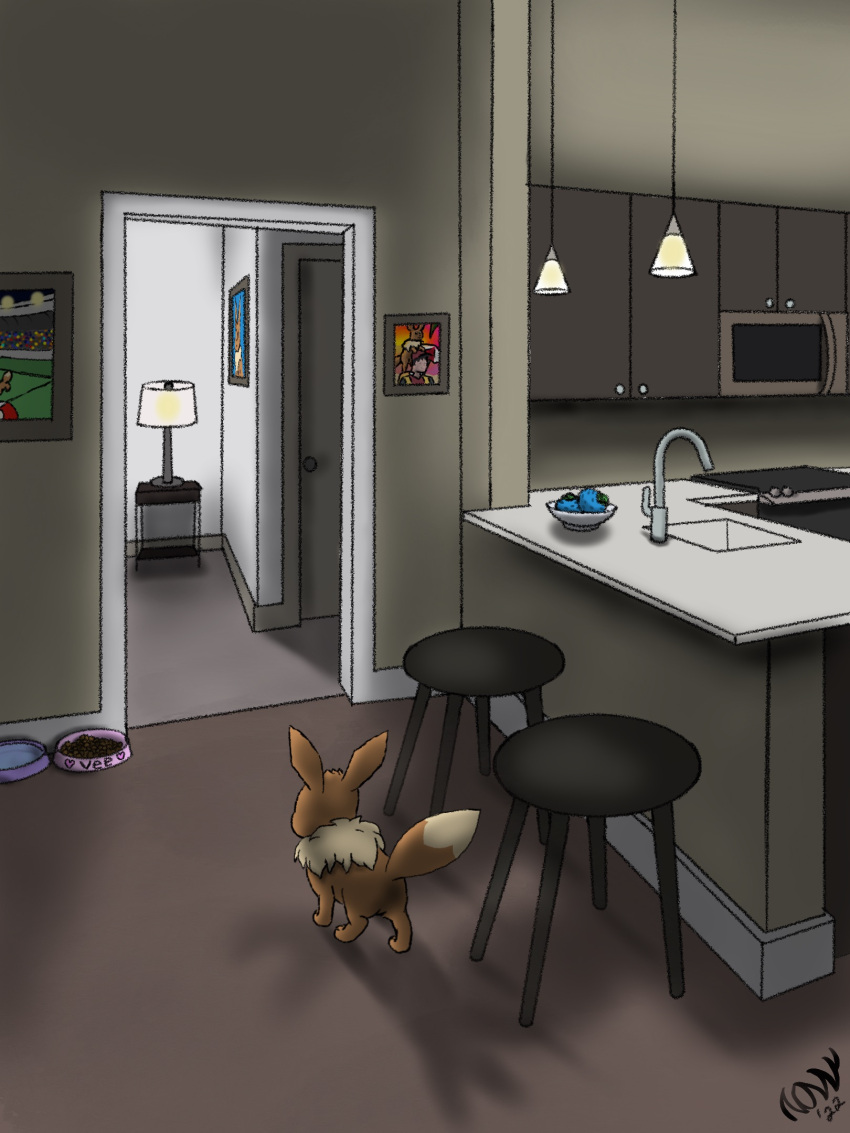 appliance bowl container counter eevee female feral food_bowl furniture hi_res kitchen_appliance lamp microwave_oven nintendo nonny18675309 oran_berry pet_bowl photo pok&eacute;mon pok&eacute;mon_(species) pokemon_berry sink solo stool video_games water_bowl