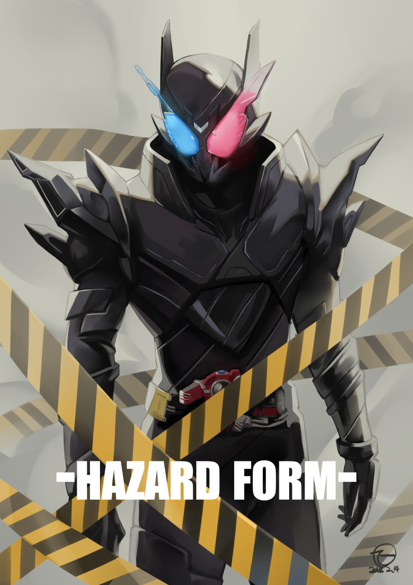 1boy absurdres armor black_armor black_background blue_eyes build_driver compound_eyes driver_(kamen_rider) english_text hazard_stripes hazard_trigger heterochromia highres jiuri_jiuhao kamen_rider kamen_rider_build kamen_rider_build_(series) looking_at_viewer male_focus profile rabbit+tank_form_(black_hazard) red_eyes science_fiction shoulder_armor solo steam steaming_body upper_body