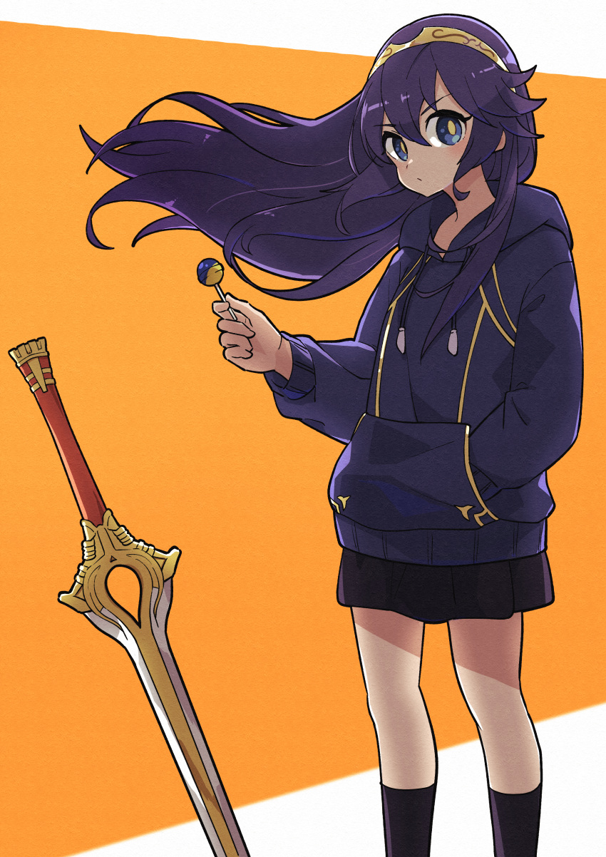 1girl absurdres alternate_costume bangs blue_eyes blue_hair blue_jacket candy falchion_(fire_emblem) fire_emblem fire_emblem_awakening flat_chest food hair_between_eyes hand_in_pocket highres holding holding_candy holding_food holding_lollipop hood hood_down hoodie jacket lollipop long_hair long_sleeves looking_at_viewer lucina_(fire_emblem) merugamu_melgum solo sword tiara weapon