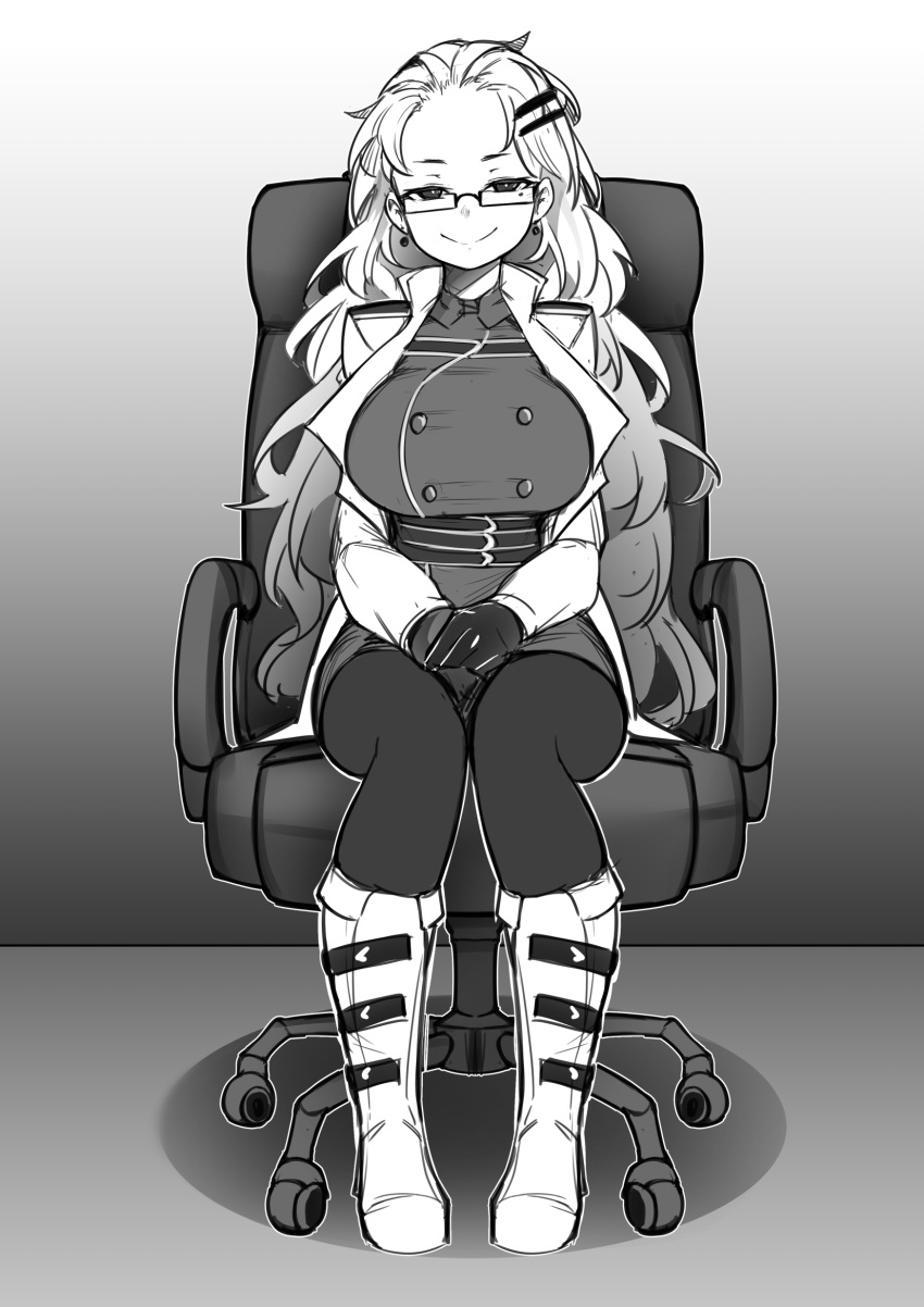 1girl aethella_mugolm boots breasts chair closed_mouth commission dildo_chair earrings english_commentary full_body glasses gloves greenopi greyscale hair_ornament hairclip highres jacket jewelry large_breasts long_sleeves looking_at_viewer mole mole_under_eye monochrome office_chair original pantyhose sitting smile solo