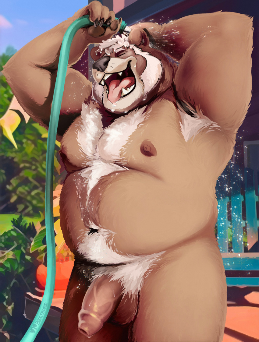 2022 absurd_res anthro balls belly big_belly black_nose brown_body brown_fur eyes_closed fur genitals hi_res humanoid_genitalia humanoid_hands humanoid_penis male mammal moobs navel nipples overweight overweight_male penis pubes solo st.boogie tongue tongue_out ursid
