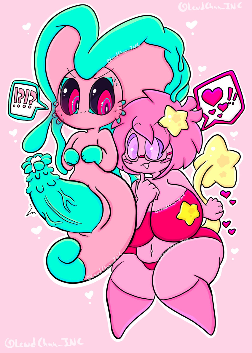 &lt;3 alien anthro big_breasts big_penis blush bodily_fluids bottomwear breasts clothing crop_top duo exclamation_point eyewear fan_character fecto_forgo female genital_fluids genitals glasses gloves_(marking) hair hi_res huge_breasts humanoid kirby kirby_(series) lewdchuu_(artist) male markings midriff navel nintendo nude open_mouth penis pink_body pink_eyes pink_hair precum question_mark shirt shorts speech_bubble thick_thighs topwear video_games