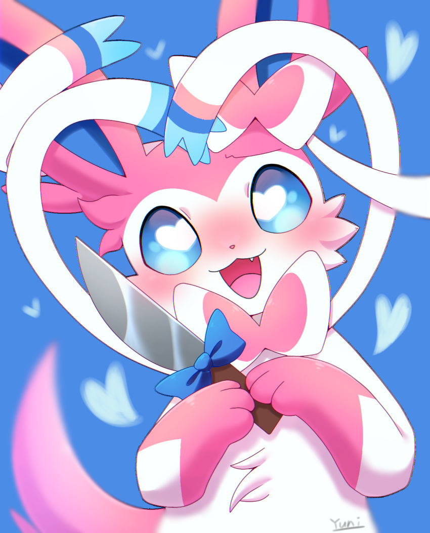 &lt;3 &lt;3_eyes &lt;3_pupils 3_fingers ambiguous_gender blue_background blue_eyes blue_inner_ear blush bow_(decoration) bow_(feature) bow_ribbon cheek_tuft colored cute_fangs digital_media_(artwork) ear_bow eeveelution facial_tuft feral fingers front_view fur gloves_(marking) half-length_portrait hi_res holding_knife holding_object kemono knife looking_at_viewer mammal markings monotone_ears monotone_tail multicolored_body multicolored_fur neck_bow nintendo no_sclera open_mouth open_smile paws pink_body pink_ears pink_fur pink_nose pink_tail pok&eacute;mon pok&eacute;mon_(species) portrait pupils ribbon_heart ribbons semi-anthro shaded simple_background smile solo sylveon tongue tuft two_tone_body two_tone_fur video_games white_body white_fur white_pupils white_ribbon yandere yuni_kemono