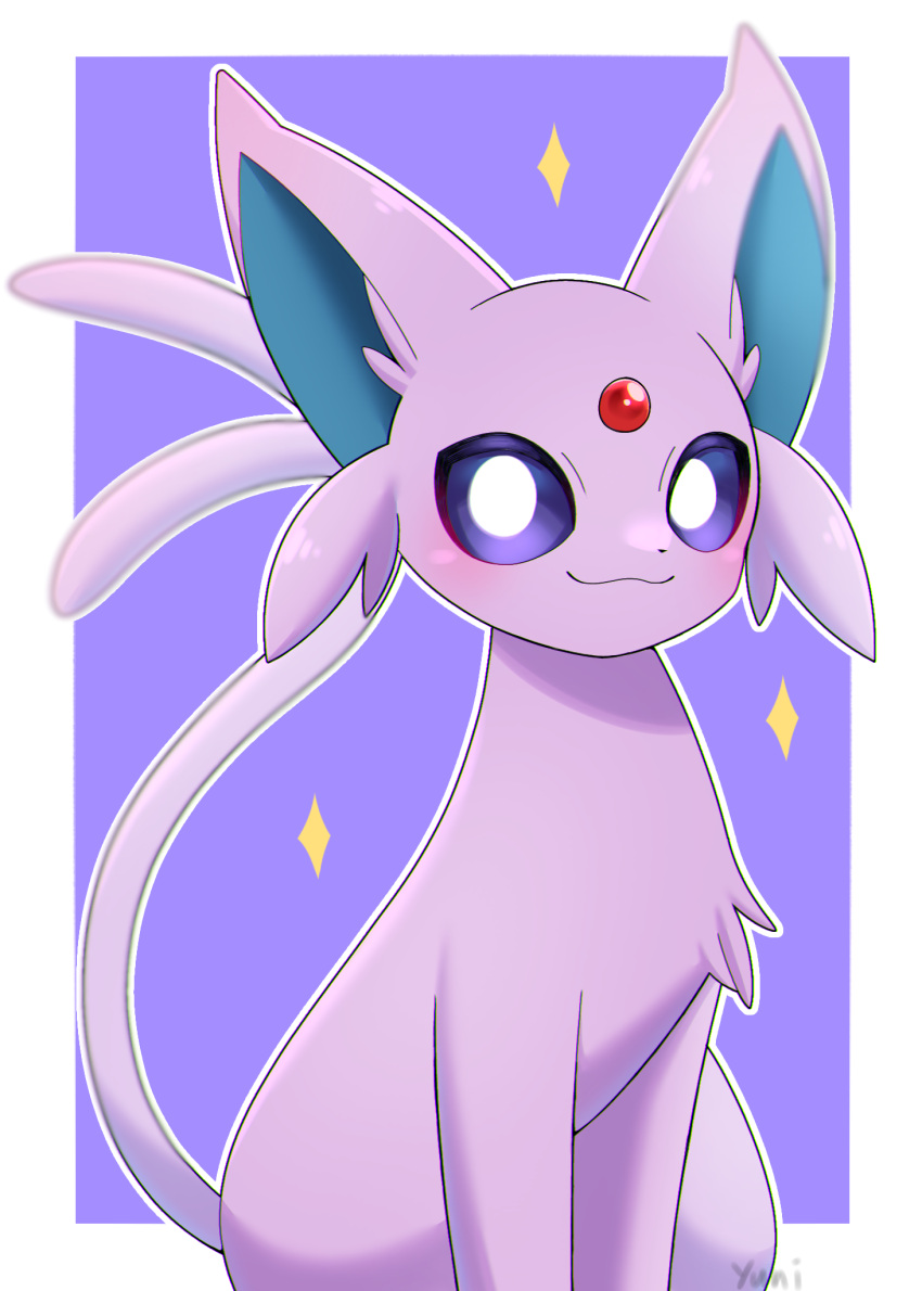 :3 ambiguous_gender blue_inner_ear cheek_tuft chest_tuft colored digital_media_(artwork) eeveelution espeon facial_tuft felid feline feral forehead_gem forked_tail front_view fur hair hi_res kemono looking_at_viewer mammal monotone_body monotone_fur monotone_hair monotone_tail nintendo pink_body pink_ears pink_fur pink_tail pok&eacute;mon pok&eacute;mon_(species) portrait purple_background purple_sclera quadruped shaded simple_background sitting smile solo sparkles three-quarter_portrait three-quarter_view tuft unusual_anatomy unusual_tail video_games white_eyes yuni_kemono