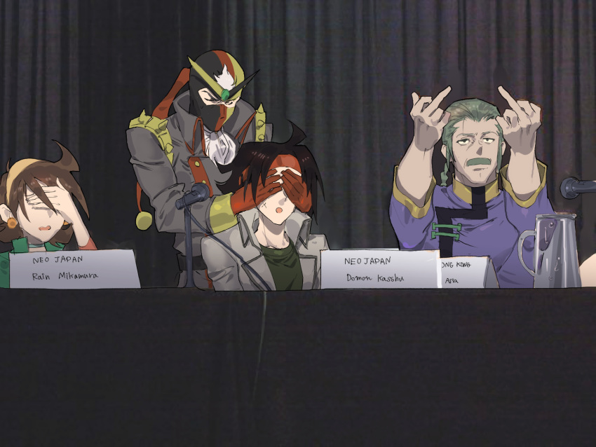 1girl 3boys bandana black_hair braid brothers brown_hair character_name choker commentary_request covering_face domon_kasshu double_middle_finger dougi earrings embarrassed english_text facial_hair g_gundam gloves grey_hair gundam hairband hands_up headband highres indoors jacket jewelry kyouji_kasshu long_hair male_focus mask master_asia microphone middle_finger multiple_boys mustache old old_man older parody press_conference rain_mikamura scar schwarz_bruder serious shirt short_hair siblings sitting tanakalma uniform