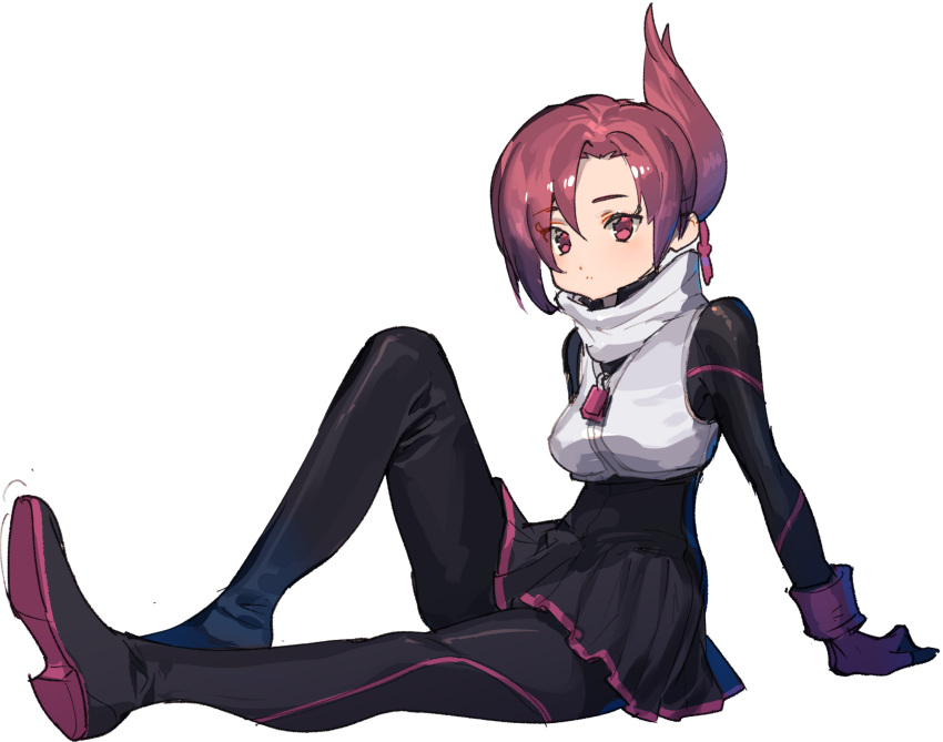 1girl black_legwear black_skirt closed_mouth commentary_request fingerless_gloves frown gloves high-waist_skirt highres kemurikusa knee_up looking_at_viewer pantyhose pink_gloves pink_hair purple_gloves red_eyes rin_(kemurikusa) scarf simple_background sitting skirt solo tanakalma white_scarf