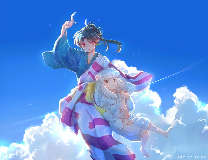 2girls bangs barefoot black_eyes black_hair blue_sky blunt_bangs cloud earrings eyebrows_visible_through_hair feathers flower hair_flower hair_ornament highres holding holding_feather inuyasha japanese_clothes jewelry kagura_(inuyasha) kanna_(inuyasha) kimono long_hair long_sleeves multicolored_clothes multicolored_kimono multiple_girls pointy_ears ponytail red_eyes sky tomo-alice white_hair white_kimono wide_sleeves