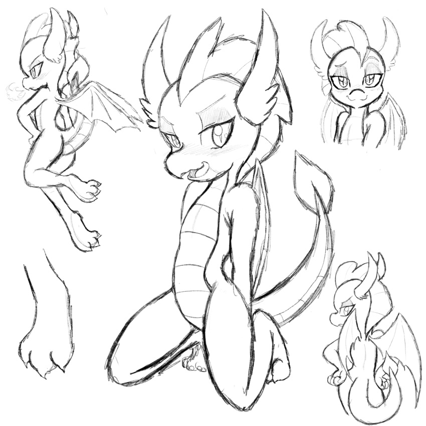 1:1 2_horns 3_toes anthro bedroom_eyes black_and_white blush breath dragon feet female friendship_is_magic half-closed_eyes hasbro hi_res horn kneeling larrykitty looking_at_viewer monochrome my_little_pony narrowed_eyes open_mouth pupils scalie seductive sketch slit_pupils smile smolder_(mlp) toes western_dragon wings
