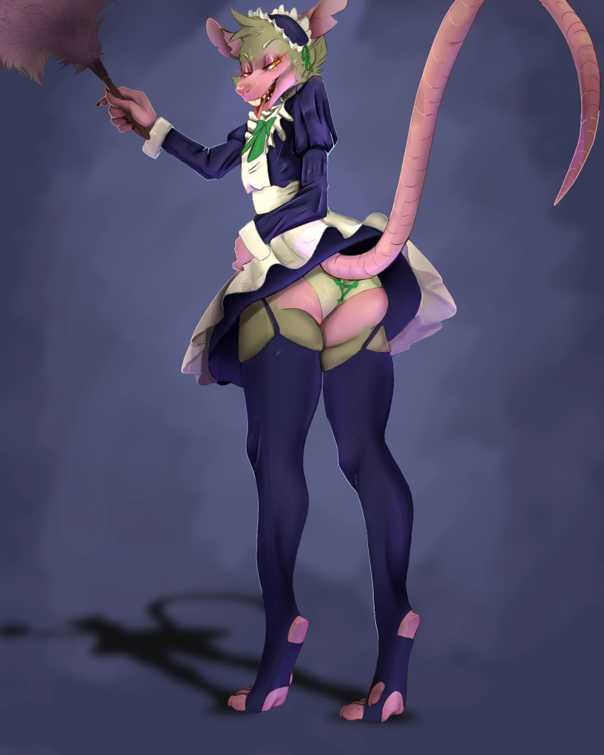 absolutestabber anthro biped butt cleaning_tool clothed clothing feather_duster fur hi_res legwear looking_back maid_uniform male mammal murid murine open_mouth presenting presenting_hindquarters raised_tail rat rodent simple_background skaven smile smirk solo teeth thigh_highs tongue tongue_out uniform warhammer_(franchise)