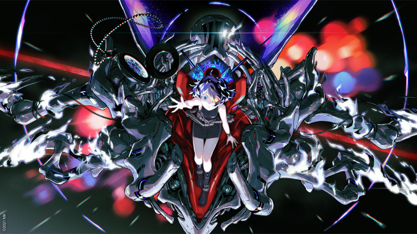 1girl absurdres blue_eyes blue_hair blue_nails boots copyright copyright_name dress hand_up heterochromia highres jnt looking_at_viewer mecha mechanical_arms messy_hair original short_dress short_hair sleeveless solo spiked_hair teeth watch yellow_eyes