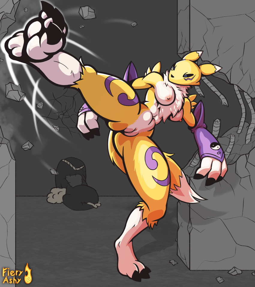 abs absurd_res anthro areola armwear bandai_namco breasts butt butt_from_the_front clothing digimon digimon_(species) female fieryashy fighting_pose genitals hi_res kick legwear motion_lines muscular muscular_female nipples nude pose presenting presenting_pussy punching_bag pussy renamon solo spread_legs spreading tights