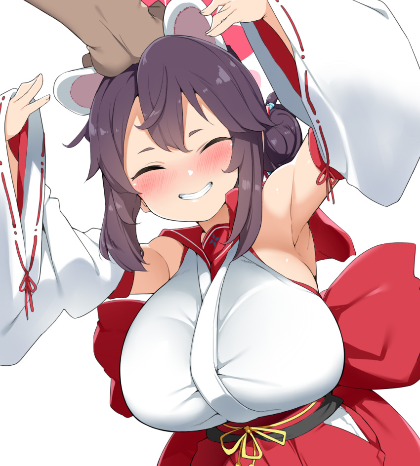 1boy 1girl animal_ears armpits bangs bare_shoulders bebebe_(pepegakii) blue_archive blush breasts brown_hair closed_eyes grin hair_bun hakama hakama_skirt halo headpat highres japanese_clothes kaede_(blue_archive) large_breasts long_hair petting red_hakama sidelocks single_hair_bun skirt smile