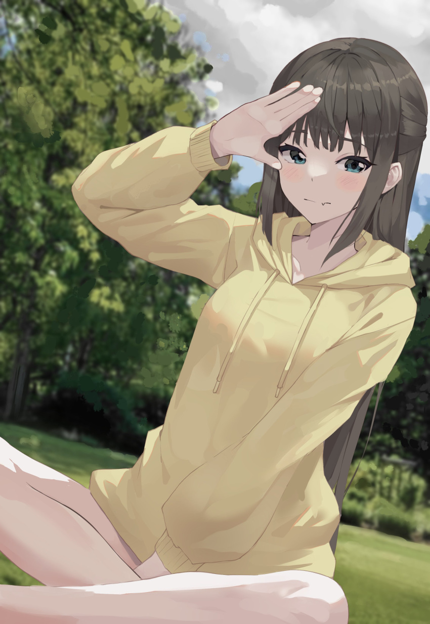 1girl absurdres bangs between_legs blue_eyes blush breasts brown_hair closed_mouth cloud cloudy_sky commentary_request dappled_sunlight day eyebrows_visible_through_hair fang grass half_updo hand_between_legs hand_up highres hood hoodie hwanhee indian_style long_hair looking_at_viewer medium_breasts naked_hoodie original outdoors park salute sitting sky solo sunlight tree yellow_hoodie